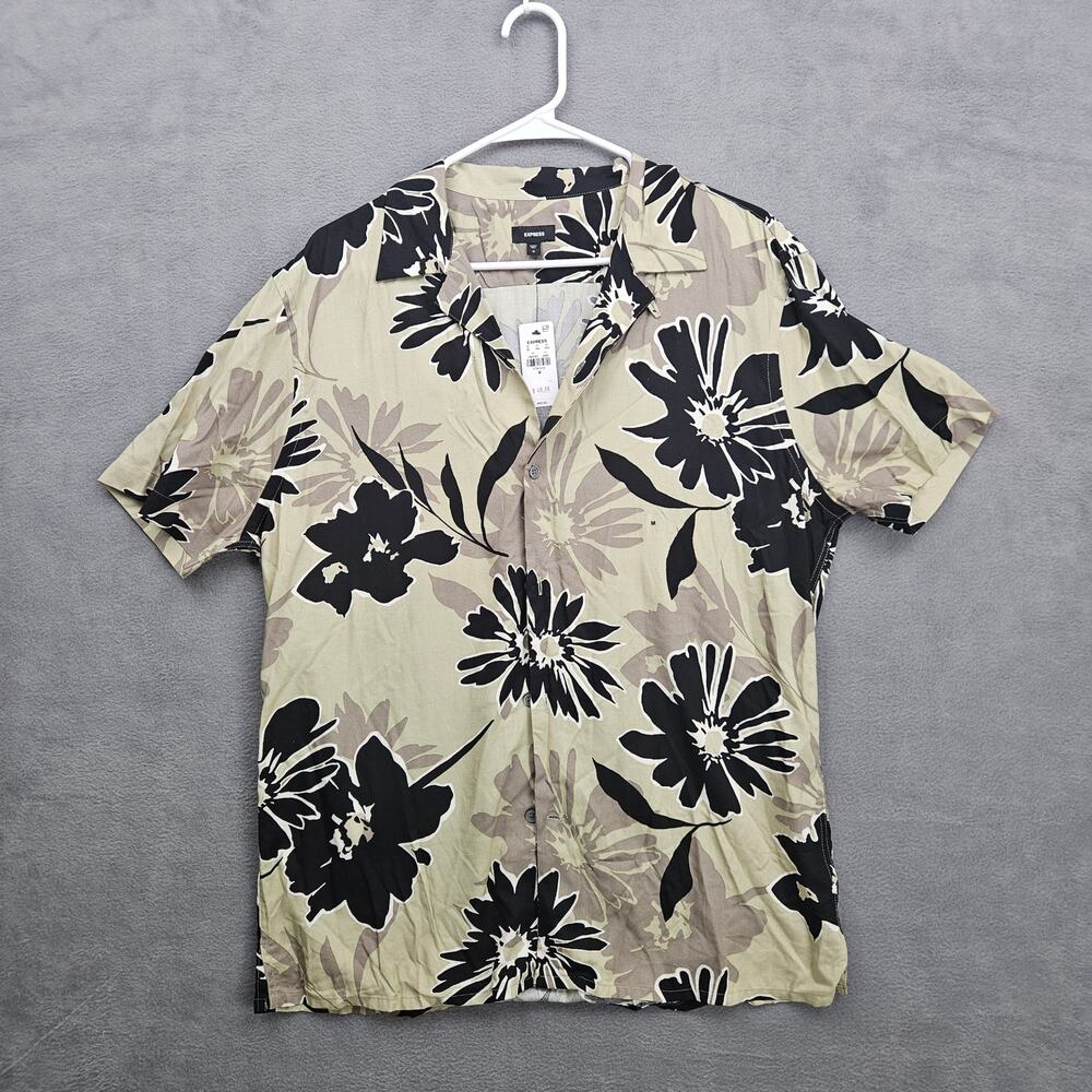 Express Floral Camp Shirt‎ Beige Black Resort Button Up Medium